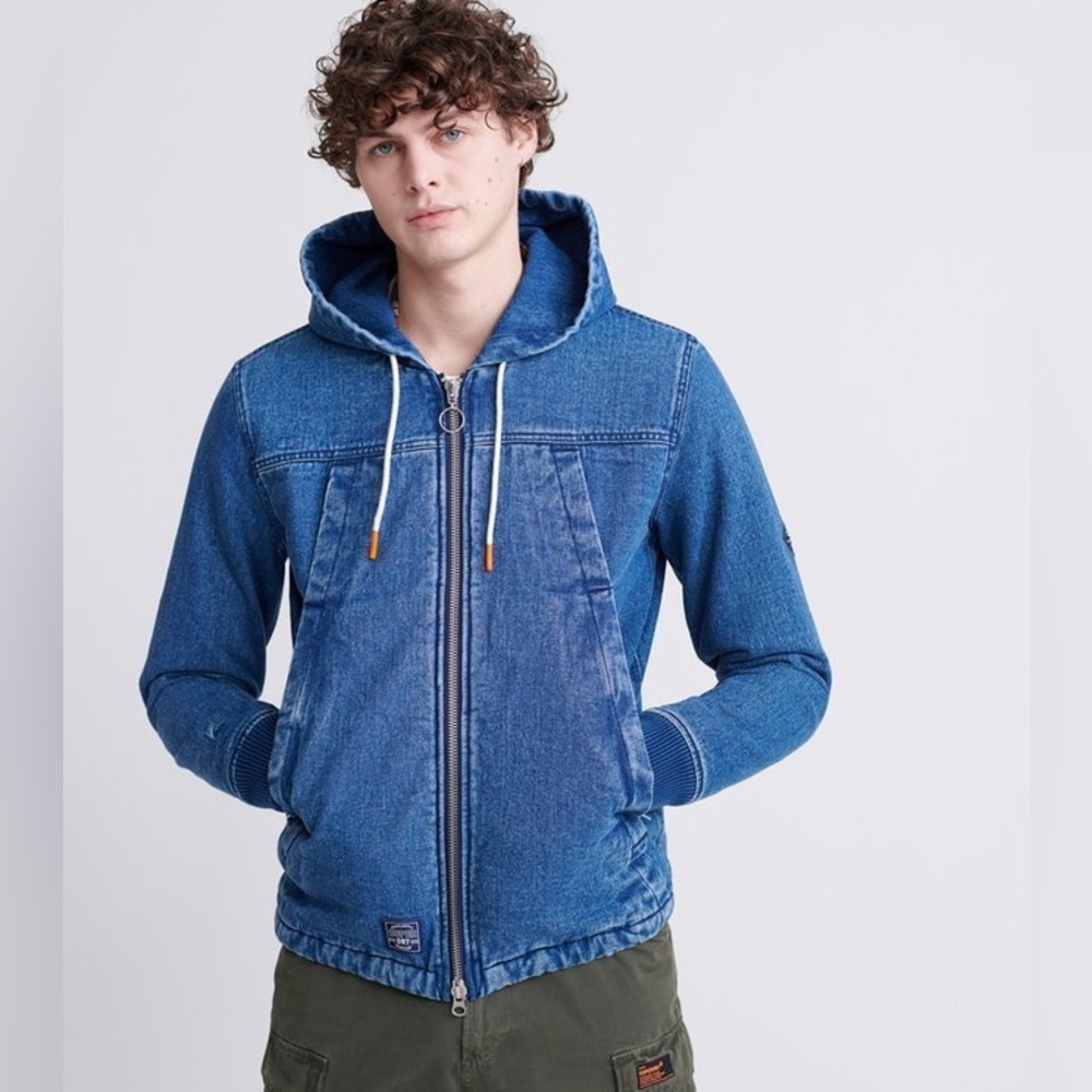 Superdry Men’s Hooded Worker Jacket Denim Blue Size Small
